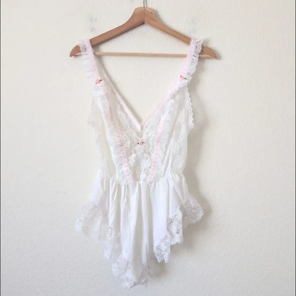 Vintage Tosca Lingerie Womens Small Lace White Bride Rose Bud Bodysuit Negligee - Picture 7 of 9